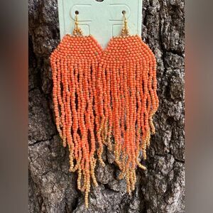 Western Earrings Orange Coral Fringe Seed Beads Cowgirl Cowboy
